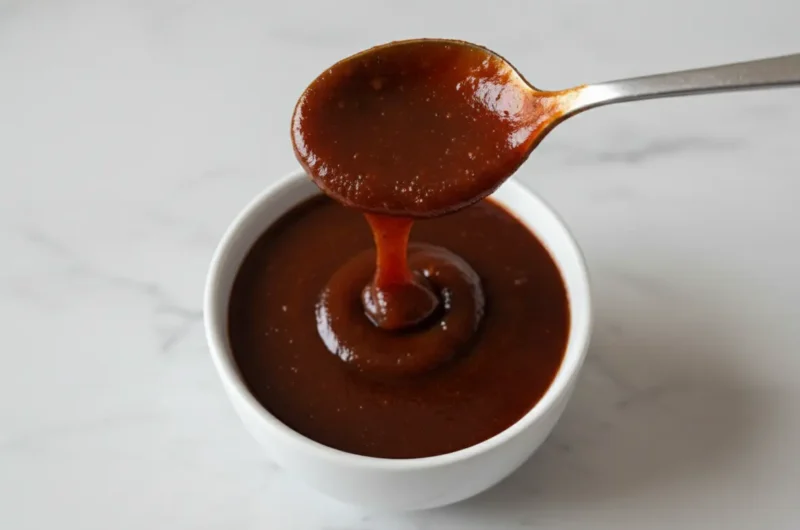 A hero shot of a glass jar filled with thick, dark reddish-brown Easy Guava BBQ Sauce. A rustic wooden spoon is held vertically above the jar, with a thick trail of glossy sauce dripping back into the vessel. Three small, perfectly cut square cubes of ruby-red guava paste are stacked beside the jar. Everything sits on a worn wooden cutting board placed on a white marble countertop. The background features white wood paneling with soft morning light and blurred fresh green herbs. Soft shadows and warm tones, clean and tidy presentation, 4:3 ratio.