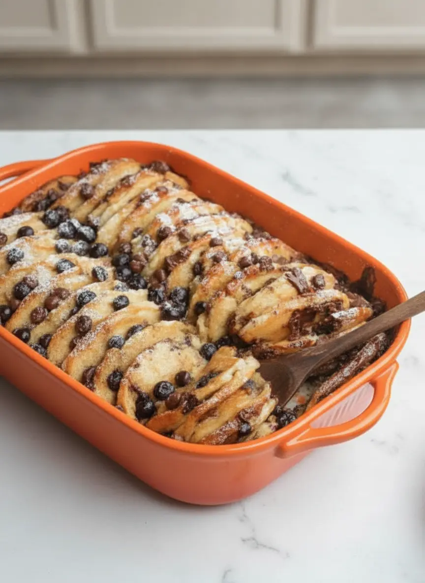 A process shot showing the Pancake Casserole inside a white ceramic dish. The pancakes are shingled and the vanilla custard has just been poured, partially soaking the layers. Some blueberries and chocolate chips are scattered on top before baking. Warm, soft lighting, no people.
