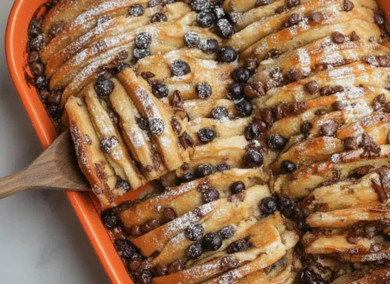 A hero shot of a Pancake Casserole in a white ceramic baking dish on a marble countertop. The pancakes are arranged in shingled, overlapping rows. The left side is topped with fresh blueberries and the right side with semi-sweet chocolate chips. A dusting of powdered sugar and a drizzle of maple syrup glisten under natural morning light from an east window. A wooden spatula is lifting a golden-brown section. Warm tones, soft shadows, no hands.