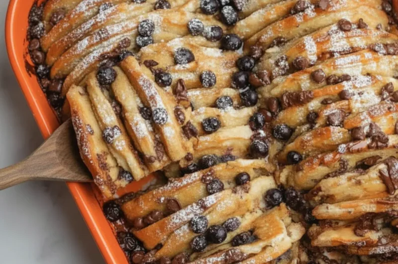 A hero shot of a Pancake Casserole in a white ceramic baking dish on a marble countertop. The pancakes are arranged in shingled, overlapping rows. The left side is topped with fresh blueberries and the right side with semi-sweet chocolate chips. A dusting of powdered sugar and a drizzle of maple syrup glisten under natural morning light from an east window. A wooden spatula is lifting a golden-brown section. Warm tones, soft shadows, no hands.