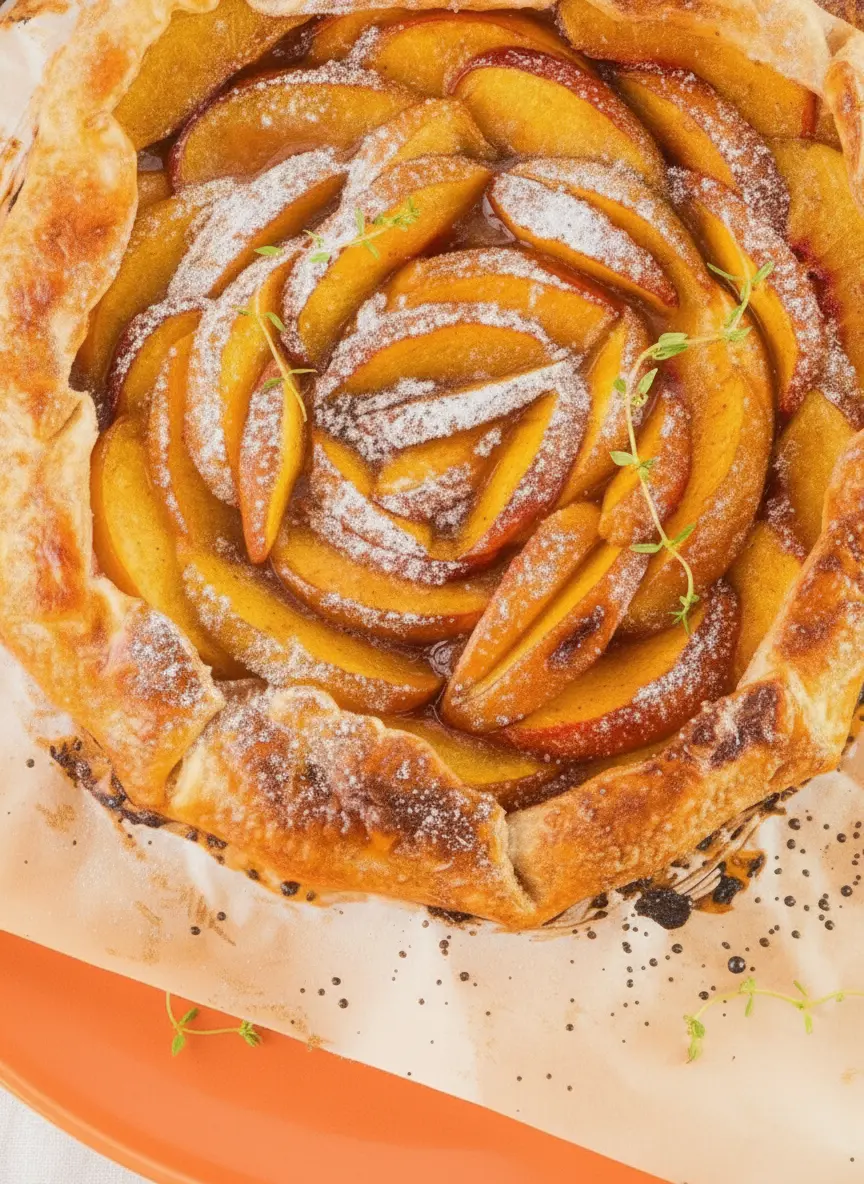 A 3:4 close-up of the preparation phase. Several sliced peaches with their skins on are piled in a minimalist white ceramic bowl. Next to the bowl, a small wooden dish contains granulated sugar and a cinnamon stick. A sprig of fresh thyme lies on the marble countertop nearby. The lighting is bright and airy, highlighting the wet texture of the freshly cut fruit.