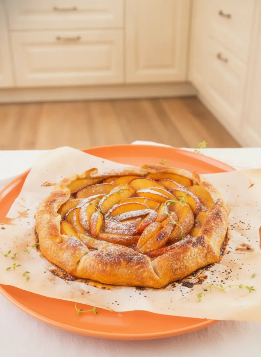 A 3:4 process shot showing the Easy Peach Galette being assembled on parchment paper. The peach slices are meticulously arranged in a pinwheel pattern, with the outer edges of the dough partially folded over. The raw dough shows visible specks of cold butter. The wooden cutting board sits underneath the parchment, and the background shows a tidy kitchen with soft, warm tones.