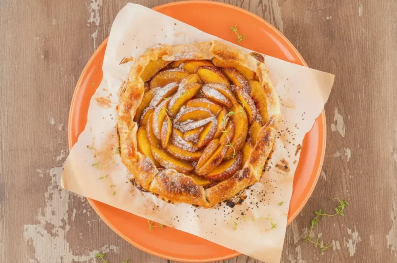 A high-angle hero shot of a whole Easy Peach Galette resting on a piece of stained parchment paper on a thick wooden cutting board. The galette features a deeply golden, flaky crust folded around concentric circles of vibrant orange peach slices. The center is dusted with a fine layer of powdered sugar, and several small sprigs of fresh green thyme are scattered on top. The scene is set on a white marble countertop with soft morning light coming from the side, creating gentle shadows. Minimalist white ceramic bowls and a few loose peach slices are visible in the background.