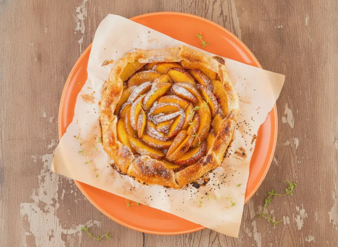 A high-angle hero shot of a whole Easy Peach Galette resting on a piece of stained parchment paper on a thick wooden cutting board. The galette features a deeply golden, flaky crust folded around concentric circles of vibrant orange peach slices. The center is dusted with a fine layer of powdered sugar, and several small sprigs of fresh green thyme are scattered on top. The scene is set on a white marble countertop with soft morning light coming from the side, creating gentle shadows. Minimalist white ceramic bowls and a few loose peach slices are visible in the background.