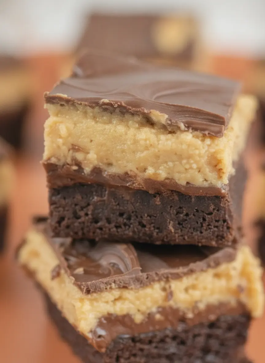 A 3:4 vertical shot focusing on the ingredients for Four Layer Peanut Butter Brownie Bars. A glass jar of creamy peanut butter, a wooden bowl of cocoa powder, and a stick of butter are arranged on a white marble surface. Soft shadows and warm tones fill the frame, with a wooden cutting board partially visible in the corner.