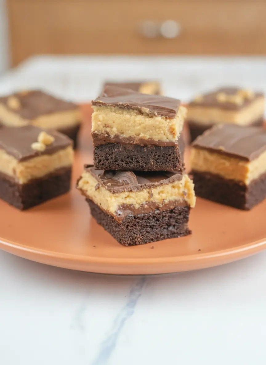 A 3:4 process shot showing the thick, creamy peanut butter layer being spread over the dark brownie base with an offset spatula. The brownies are still in the pan lined with parchment paper. The scene is shot in a bright kitchen with natural light, emphasizing the contrast between the dark chocolate and light peanut butter textures.