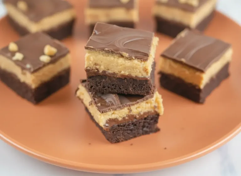 A high-angle 4:3 hero shot of Four Layer Peanut Butter Brownie Bars stacked neatly on a white ceramic plate. The bars show four distinct layers: a dark fudgy brownie base, a thin chocolate seal, a thick golden-brown peanut butter fudge layer, and a smooth dark chocolate ganache topping. The scene is set on a white marble countertop with soft morning light coming from an east window. In the blurred background, a wooden cutting board and a small pot of fresh mint are visible.