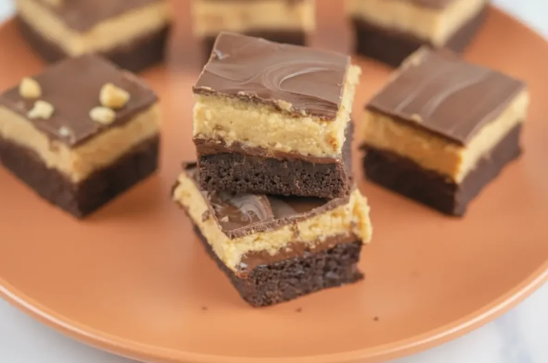 A high-angle 4:3 hero shot of Four Layer Peanut Butter Brownie Bars stacked neatly on a white ceramic plate. The bars show four distinct layers: a dark fudgy brownie base, a thin chocolate seal, a thick golden-brown peanut butter fudge layer, and a smooth dark chocolate ganache topping. The scene is set on a white marble countertop with soft morning light coming from an east window. In the blurred background, a wooden cutting board and a small pot of fresh mint are visible.