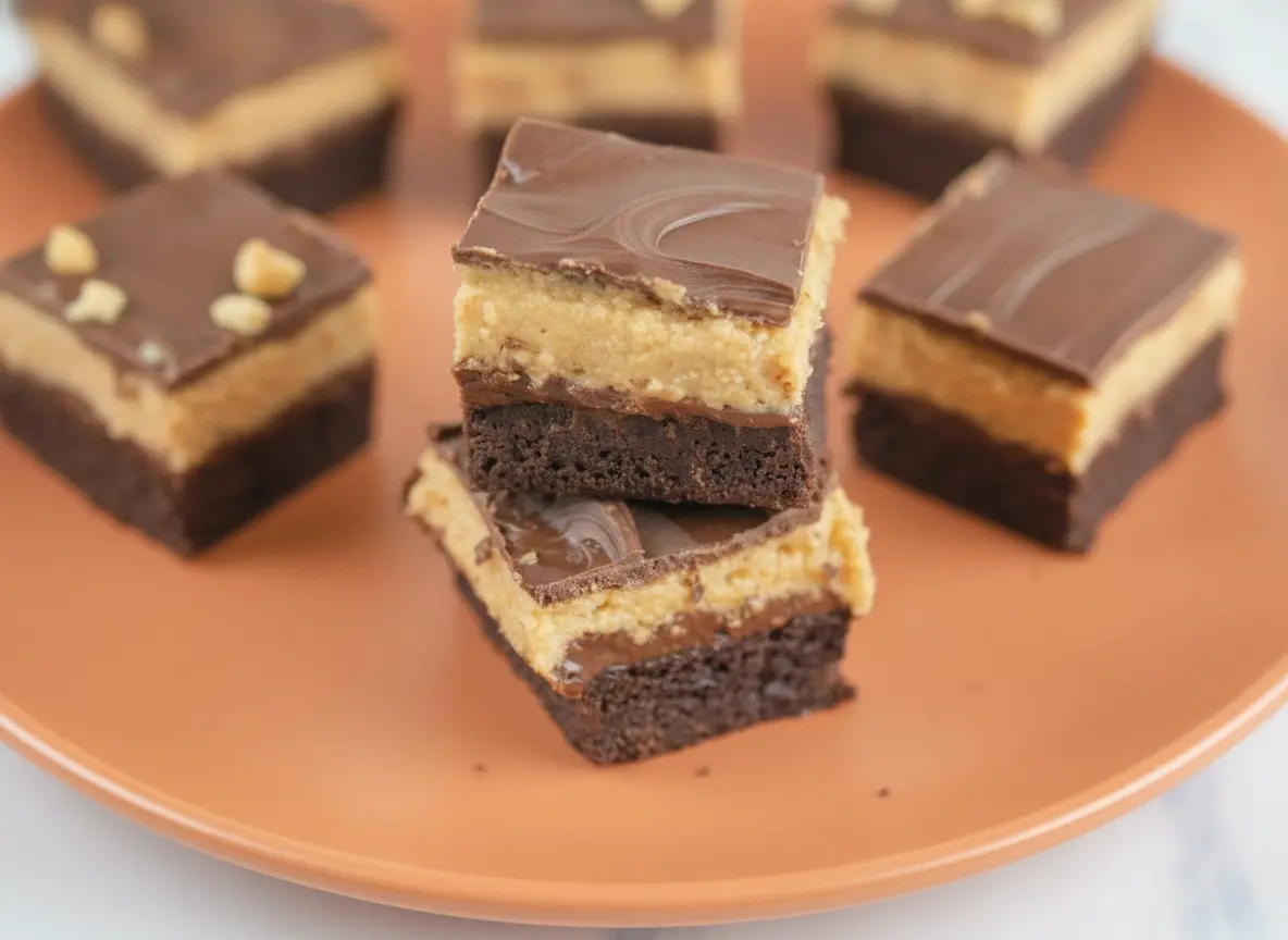A high-angle 4:3 hero shot of Four Layer Peanut Butter Brownie Bars stacked neatly on a white ceramic plate. The bars show four distinct layers: a dark fudgy brownie base, a thin chocolate seal, a thick golden-brown peanut butter fudge layer, and a smooth dark chocolate ganache topping. The scene is set on a white marble countertop with soft morning light coming from an east window. In the blurred background, a wooden cutting board and a small pot of fresh mint are visible.