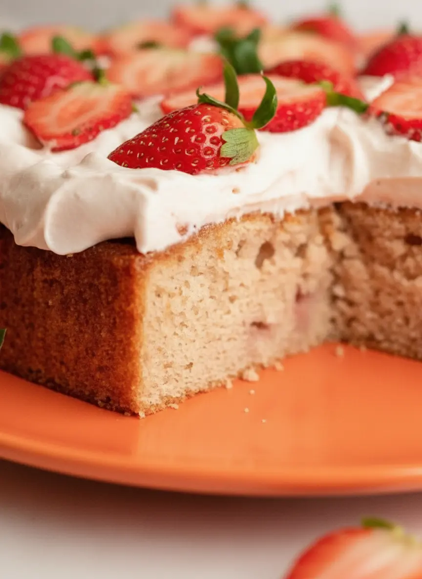 A 3:4 vertical shot focusing on the preparation of the Fresh Strawberry Sheet Cake. A rustic wooden cutting board holds several bright red strawberries being sliced with a small paring knife. A white ceramic bowl contains a vibrant, thick strawberry puree. A bag of flour and a wooden spoon are nearby on the marble counter. Natural, bright light with soft shadows.