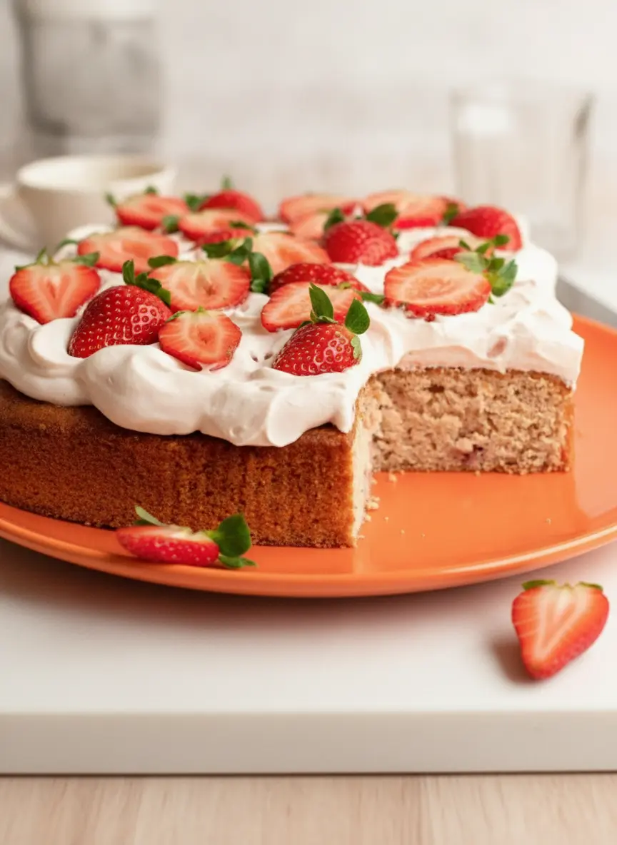 A 3:4 vertical process shot of the Fresh Strawberry Sheet Cake batter. A minimalist white ceramic mixing bowl contains a pale pink, smooth cake batter. A wooden spatula is resting against the side of the bowl. The scene is set on a marble countertop near a window, with a small wooden salt cellar in the background. The texture of the batter looks light and aerated.