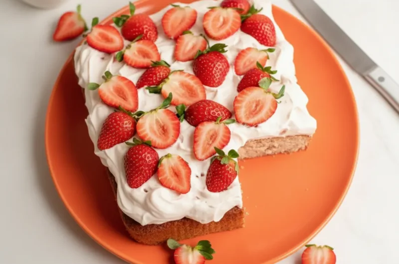 A high-angle 4:3 hero shot of a Fresh Strawberry Sheet Cake in a rectangular baking pan. The cake is covered in thick, billowy white frosting with light pink swirls. It is topped generously with a mix of whole and halved fresh strawberries, some with green stems attached. The cake sits on a white marble countertop with soft morning light from a side window. In the background, a small ceramic bowl of extra berries and a hint of fresh mint leaves are visible. Warm tones and clean, minimalist presentation.