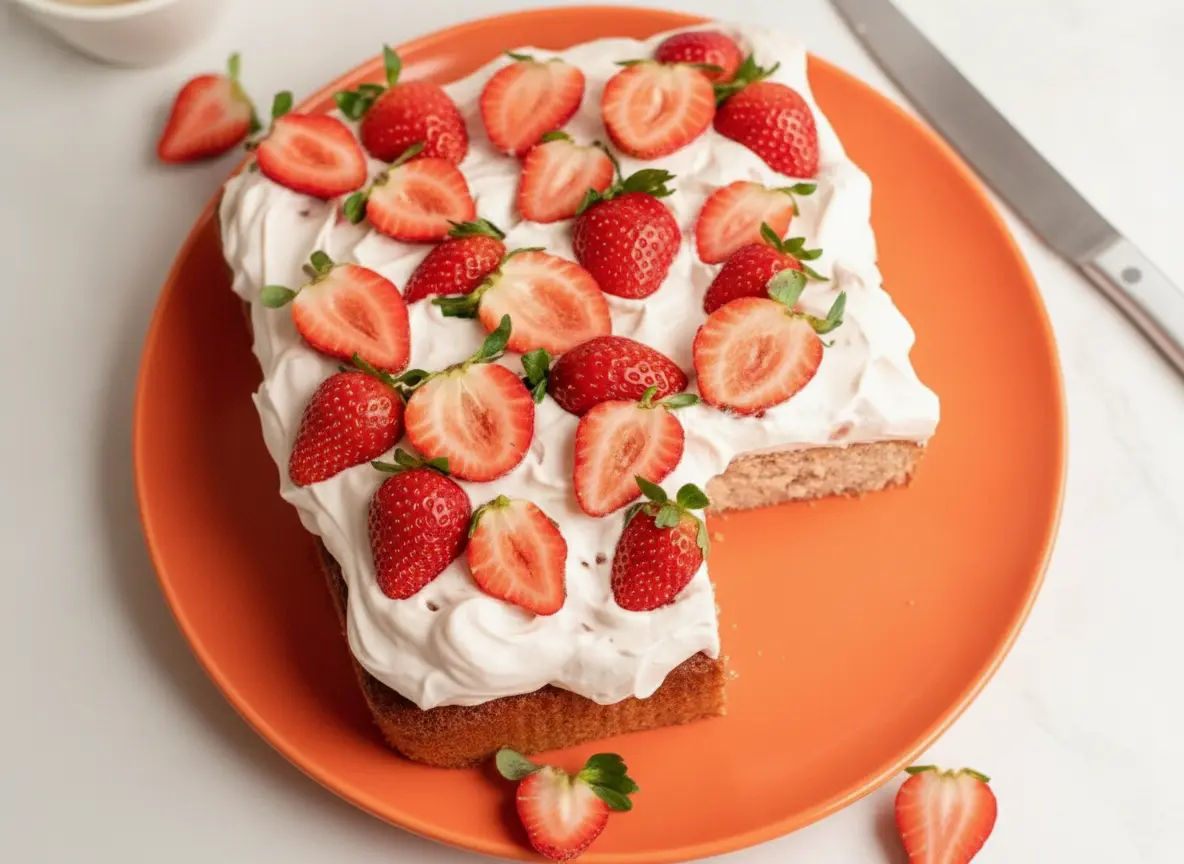A high-angle 4:3 hero shot of a Fresh Strawberry Sheet Cake in a rectangular baking pan. The cake is covered in thick, billowy white frosting with light pink swirls. It is topped generously with a mix of whole and halved fresh strawberries, some with green stems attached. The cake sits on a white marble countertop with soft morning light from a side window. In the background, a small ceramic bowl of extra berries and a hint of fresh mint leaves are visible. Warm tones and clean, minimalist presentation.