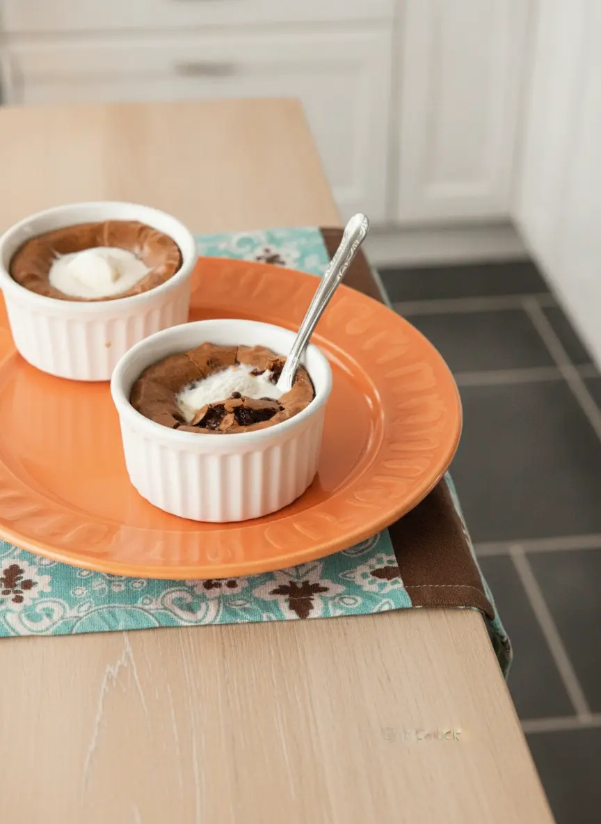 A 3:4 vertical process shot showing the thick, glossy chocolate brownie batter being divided into two white fluted ramekins. The ramekins sit on the signature wooden cutting board. The batter is dark and rich, with visible chocolate chips. The lighting is warm and inviting, emphasizing the smooth texture of the mixture. No hands or people.