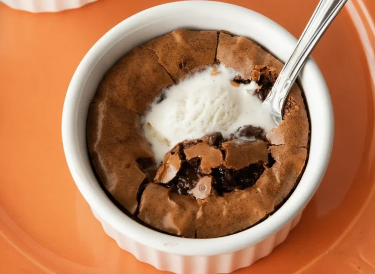 A high-angle 4:3 hero shot of two white fluted ceramic ramekins containing dark chocolate brownies with perfectly crackly, papery tops. One ramekin has a large scoop of melting vanilla bean ice cream on top, with a silver vintage spoon resting inside the broken brownie crust. The scene is set on a light marble countertop with a warm wooden cutting board. Natural morning light streams in from the side, creating soft shadows and highlighting the fudgy texture of the chocolate. No hands or people visible.