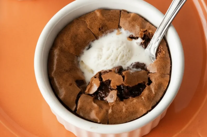 A high-angle 4:3 hero shot of two white fluted ceramic ramekins containing dark chocolate brownies with perfectly crackly, papery tops. One ramekin has a large scoop of melting vanilla bean ice cream on top, with a silver vintage spoon resting inside the broken brownie crust. The scene is set on a light marble countertop with a warm wooden cutting board. Natural morning light streams in from the side, creating soft shadows and highlighting the fudgy texture of the chocolate. No hands or people visible.