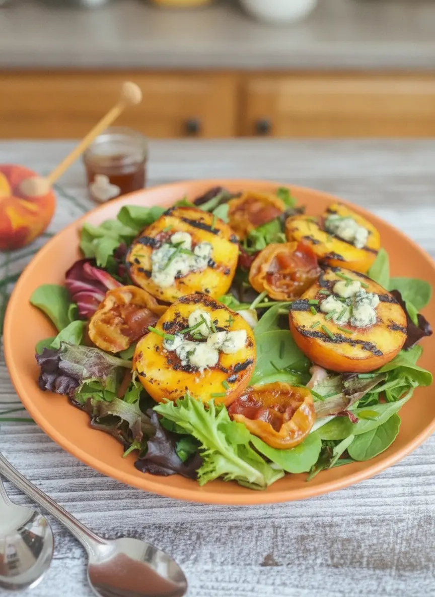 A process shot showing fresh peach halves placed cut-side down on a hot black cast-iron grill pan on a clean white stove. Bold, dark charred grill marks are visible on one peach that has been slightly tilted. The warm, glowing kitchen light catches the caramelizing sugars on the fruit. No hands or people are visible in the clean, tidy setting.