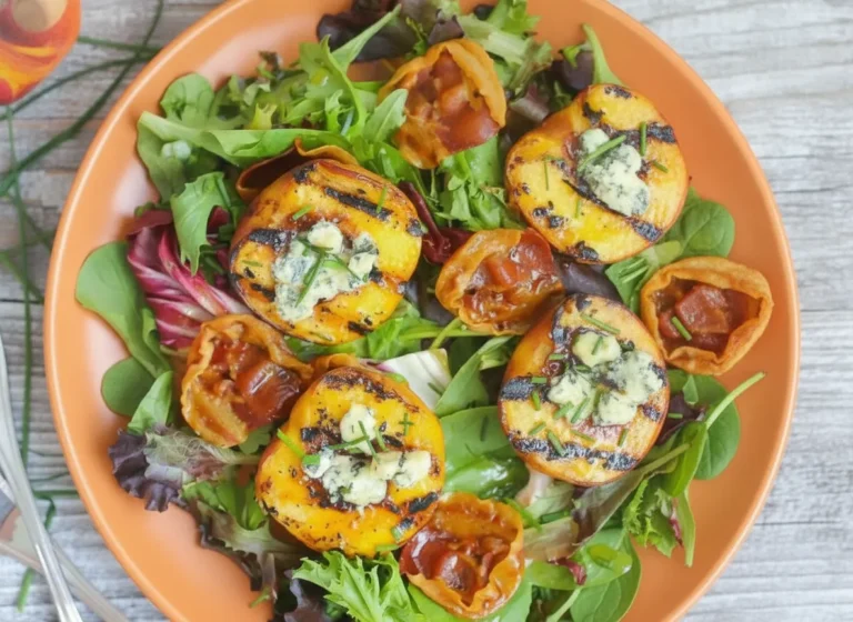 A hero shot of a beautiful, vibrant grilled peach salad in a large, rustic round wooden bowl. The salad features charred peach halves with clear grill marks, stuffed with crumbled blue cheese and finely chopped chives, nestled among mixed green and purple radicchio leaves alongside crispy, ruffled prosciutto cups. A small glass jar of golden honey with a wooden dipper sits softly blurred in the background on a clean white marble countertop. Warm, soft morning light streams in from the side, creating delicate shadows.