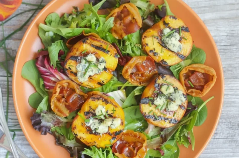 A hero shot of a beautiful, vibrant grilled peach salad in a large, rustic round wooden bowl. The salad features charred peach halves with clear grill marks, stuffed with crumbled blue cheese and finely chopped chives, nestled among mixed green and purple radicchio leaves alongside crispy, ruffled prosciutto cups. A small glass jar of golden honey with a wooden dipper sits softly blurred in the background on a clean white marble countertop. Warm, soft morning light streams in from the side, creating delicate shadows.
