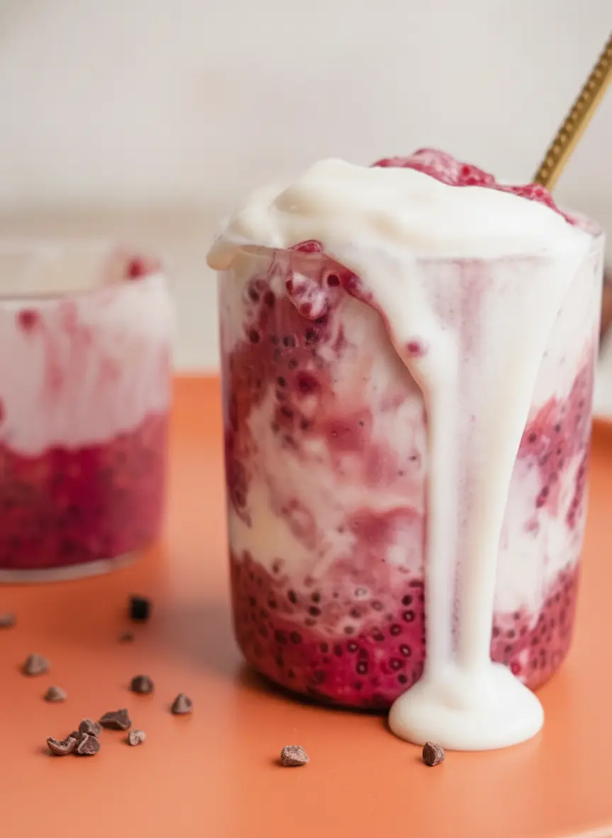 A 3:4 close-up of the ingredients for Red Velvet Overnight Oats. Small white ceramic bowls contain rolled oats, dark cacao powder, vibrant red beet powder, and black chia seeds. Everything is arranged neatly on a white marble countertop with a hint of a wooden accent in the corner. Natural, bright lighting.