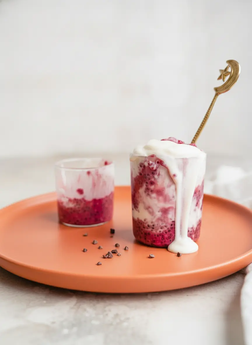 A 3:4 process shot showing a glass jar being filled with the deep red oat mixture. The vibrant color of the Red Velvet Overnight Oats is clearly visible against the white marble background. No hands are present. A small wooden spoon rests on the side of the marble surface next to a splash of almond milk.