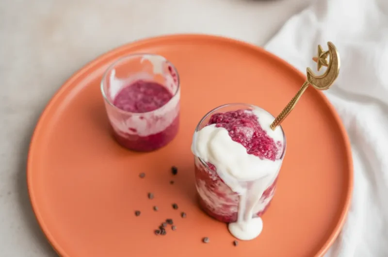 A hero shot of Red Velvet Overnight Oats in a clear glass jar on a rustic wooden cutting board. The oats are a deep, vibrant magenta-purple, swirled with thick white yogurt that is artistically dripping over the rim. A delicate gold spoon with a crescent moon handle is tucked into the glass. Scattered cacao nibs are on the board and the marble countertop. Soft morning light from an east window creates gentle shadows. High-end food photography, clean aesthetic.