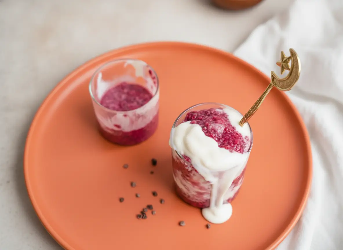 A hero shot of Red Velvet Overnight Oats in a clear glass jar on a rustic wooden cutting board. The oats are a deep, vibrant magenta-purple, swirled with thick white yogurt that is artistically dripping over the rim. A delicate gold spoon with a crescent moon handle is tucked into the glass. Scattered cacao nibs are on the board and the marble countertop. Soft morning light from an east window creates gentle shadows. High-end food photography, clean aesthetic.