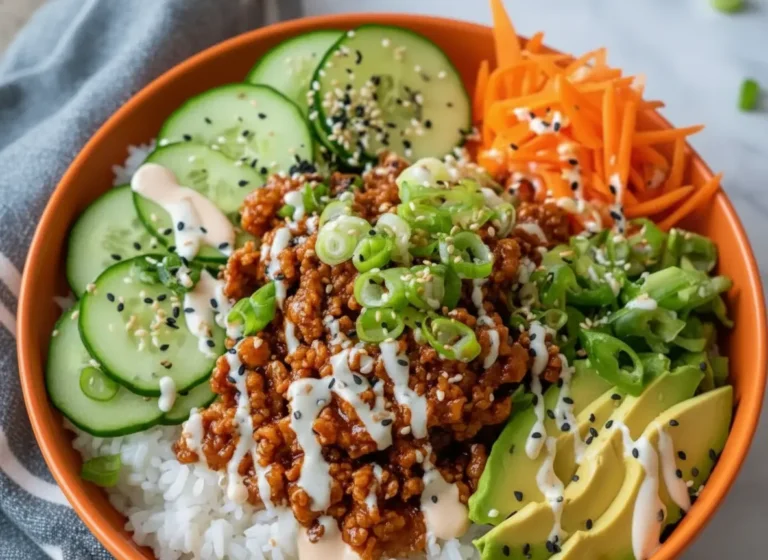 A high-angle hero shot of a vibrant orange ceramic bowl on a white marble countertop. The bowl is filled with fluffy white jasmine rice, topped with a mound of glazed ground turkey with visible bits of ginger. It is garnished with circular cucumber slices sprinkled with black sesame seeds, bright orange shredded carrots, fanned-out avocado slices, and chopped green onions. A creamy white sauce is drizzled in zig-zags over the turkey. Soft morning light from an east window creates gentle shadows. Fresh herbs are visible in the soft-focus background.