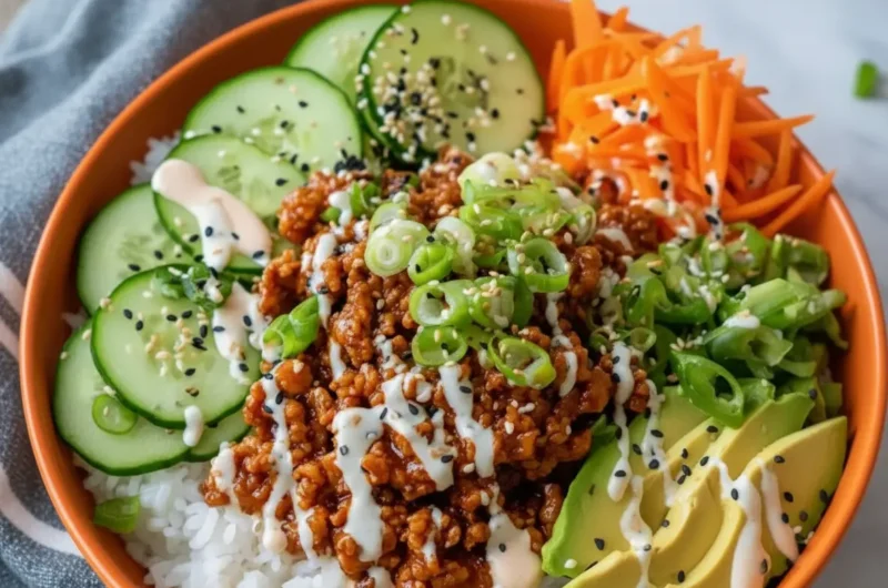 A high-angle hero shot of a vibrant orange ceramic bowl on a white marble countertop. The bowl is filled with fluffy white jasmine rice, topped with a mound of glazed ground turkey with visible bits of ginger. It is garnished with circular cucumber slices sprinkled with black sesame seeds, bright orange shredded carrots, fanned-out avocado slices, and chopped green onions. A creamy white sauce is drizzled in zig-zags over the turkey. Soft morning light from an east window creates gentle shadows. Fresh herbs are visible in the soft-focus background.