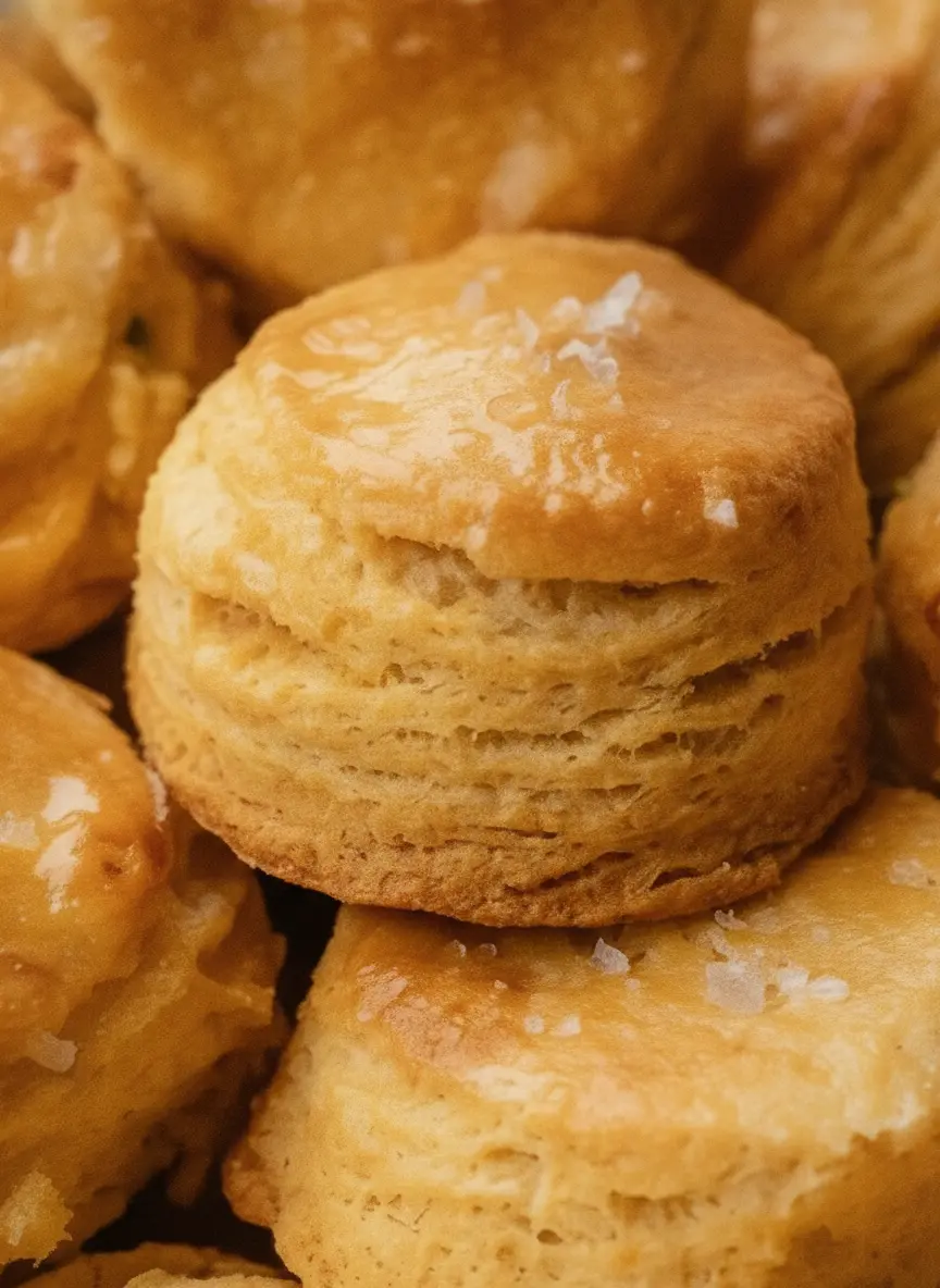 A 3:4 shot focusing on the ingredients for Homemade Cornbread Biscuits. A mound of yellow cornmeal and white flour sit on a well-worn wooden cutting board. Cubes of cold butter and a glass measuring cup of buttermilk are placed nearby. Fresh herbs and a wooden spoon are tucked into the corner of the frame, lit by warm, natural light on a marble surface.