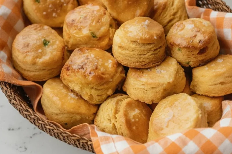 A high-angle 4:3 hero shot of a wicker basket filled with golden-brown Homemade Cornbread Biscuits. The biscuits are tall with visible flaky layers, glistening with a honey glaze and topped with large crystals of flaky sea salt. The basket is lined with a blue and white gingham cloth. The scene is set on a white marble countertop with soft morning light coming from a nearby window, creating gentle shadows. A small wooden bowl of extra sea salt and a sprig of fresh thyme are visible in the background.