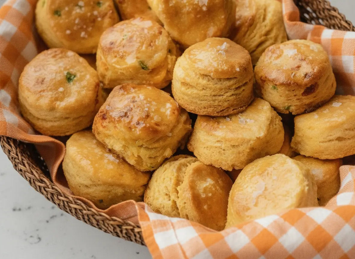 A high-angle 4:3 hero shot of a wicker basket filled with golden-brown Homemade Cornbread Biscuits. The biscuits are tall with visible flaky layers, glistening with a honey glaze and topped with large crystals of flaky sea salt. The basket is lined with a blue and white gingham cloth. The scene is set on a white marble countertop with soft morning light coming from a nearby window, creating gentle shadows. A small wooden bowl of extra sea salt and a sprig of fresh thyme are visible in the background.