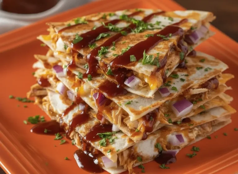 A hero shot of a stack of four triangular Hot Honey BBQ Chicken Quesadillas on a minimalist white ceramic plate. The quesadillas are filled with shredded chicken, melted orange cheese, and purple red onion chunks. A thick, glossy dark mahogany BBQ sauce and hot honey mixture is drizzled in bold stripes across the top. Fresh green cilantro is scattered over the stack. The plate sits on a white marble countertop with a soft morning light coming from the side. In the blurred background, a wooden cutting board and a small pot of fresh herbs are visible. 4:3 aspect ratio.