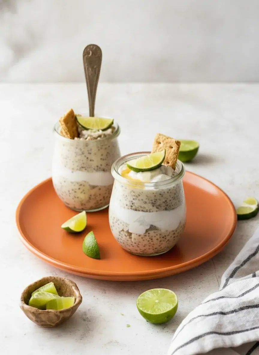 Process focus: A side profile shot of a single glass jar being filled. The bottom layer is the oat and chia mixture, followed by a thick, clean horizontal layer of white Greek yogurt. A few specks of lime zest are visible against the glass. No hands are present, highlighting the clean, minimalist presentation on the marble counter.