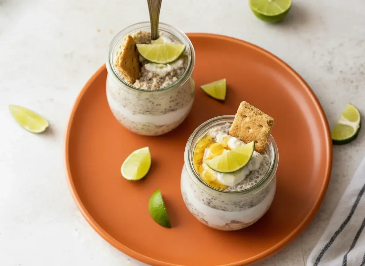 A hero shot of two glass jars filled with Key Lime Pie Overnight Oats, featuring distinct layers of speckled chia oats and bright white yogurt. A wooden honey dipper is suspended above, with thick golden honey dripping onto the top jar. Garnish includes fresh green lime slices, lime zest, and a crisp graham cracker shard. The jars sit on a rustic wooden cutting board atop a white marble countertop. Natural morning light streams from an east window, creating soft shadows and highlighting the creamy texture.