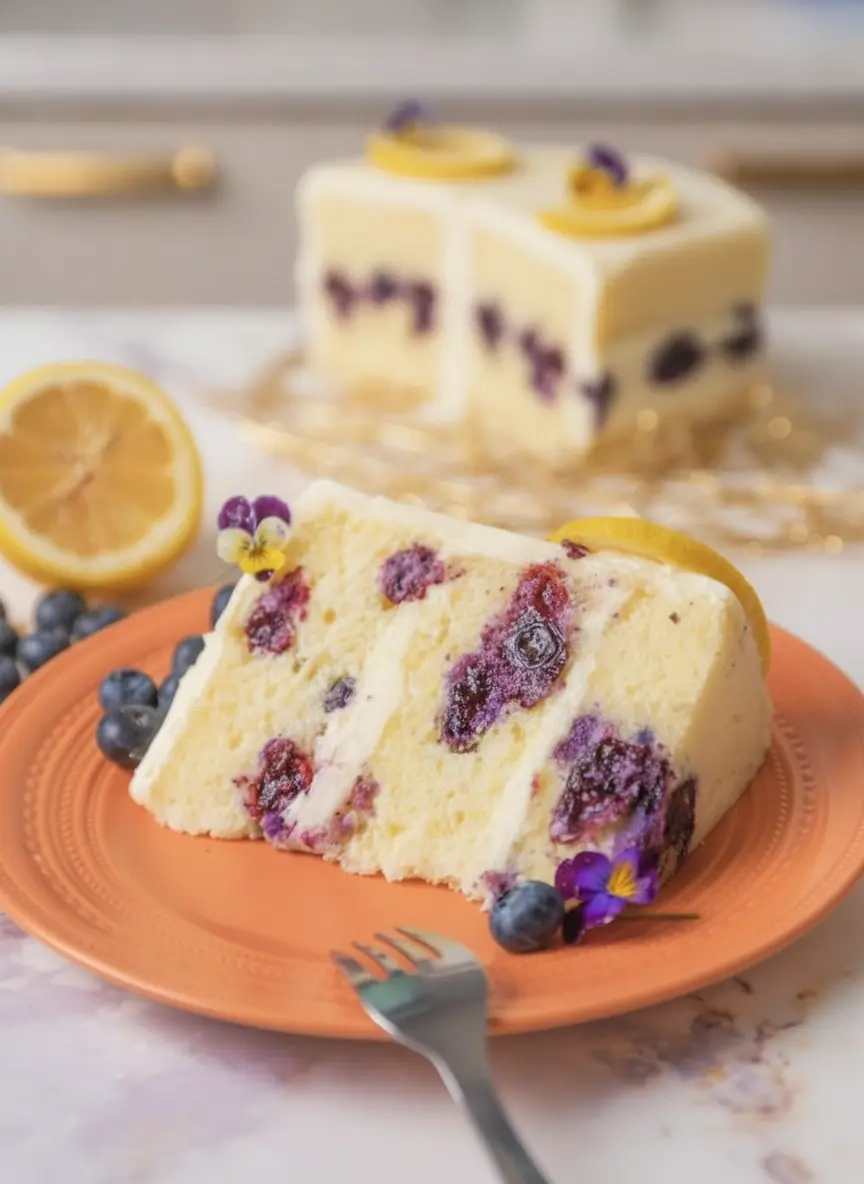 A close-up shot of the process of making Lemon Blueberry Buttermilk Cake batter. A wooden spoon is gently folding fresh blueberries into a thick, pale yellow cake batter in a white ceramic bowl. Small streaks of purple juice are just beginning to marble the batter. The bowl sits on a white marble surface with soft shadows.