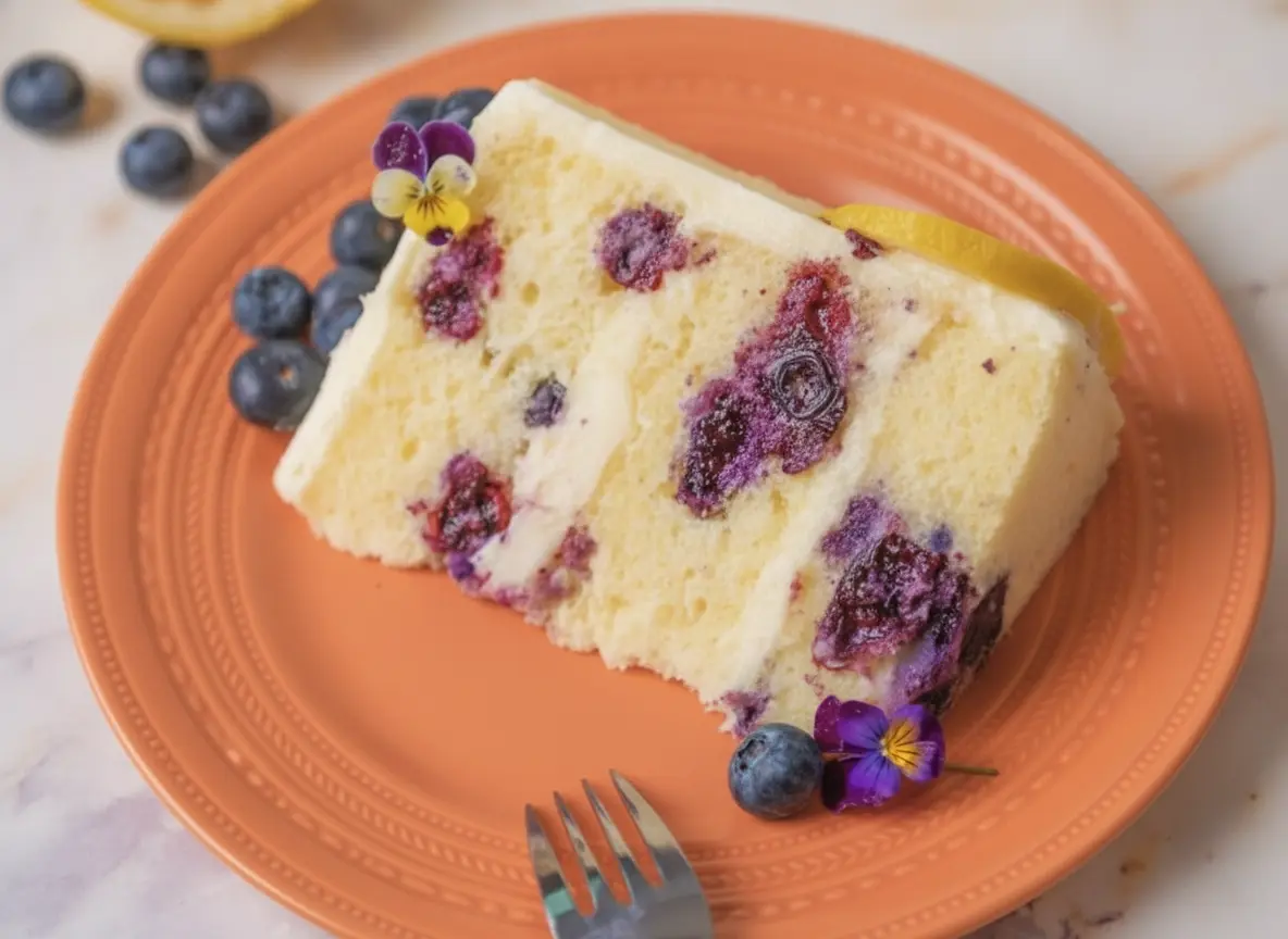 A thick, triangular slice of Lemon Blueberry Buttermilk Cake standing upright on a vintage peach-orange ceramic plate with a beaded rim. The cake has a bright yellow, moist crumb with large, vibrant purple blueberry stains throughout. A thick layer of white cream cheese frosting sits on top and between the layers. The cake is garnished with two small purple and yellow pansies and a thin lemon slice. A silver fork rests on the plate. The scene is set on a white marble countertop bathed in soft, natural morning light from a nearby window, with a hint of a wooden cutting board in the background.