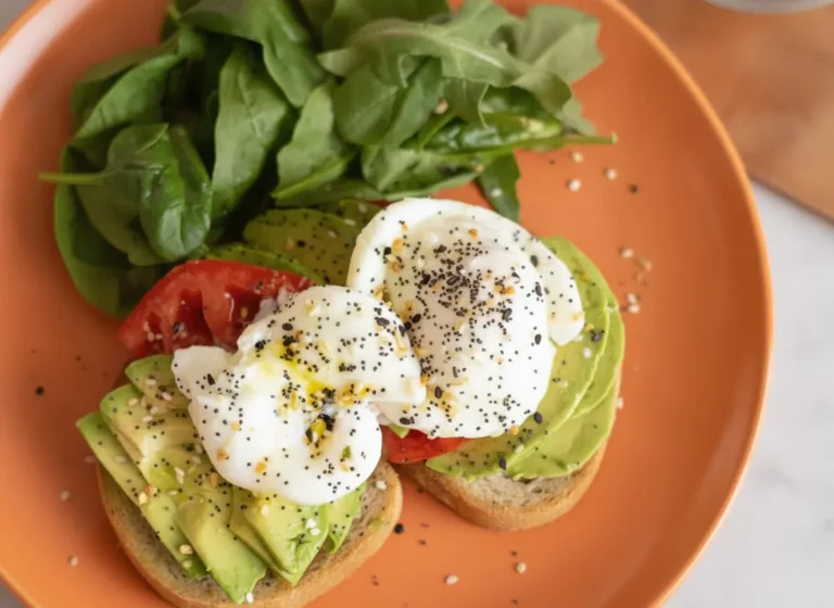 A hero shot of two Microwave Poached Eggs resting on top of toasted bagel halves layered with sliced avocado and a vibrant red heirloom tomato slice. The eggs are topped with a generous dusting of everything bagel seasoning, and one yolk is gently broken, spilling golden yellow onto the white plate. The scene is set on a marble countertop with a wooden cutting board, bathed in soft, warm morning light from an east-facing window. A side of fresh green arugula is visible. No hands or people.