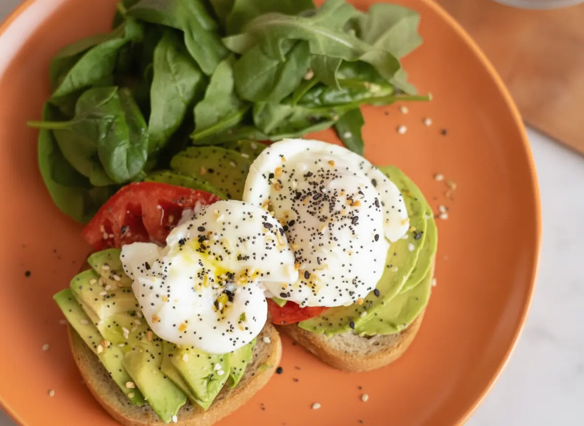 A hero shot of two Microwave Poached Eggs resting on top of toasted bagel halves layered with sliced avocado and a vibrant red heirloom tomato slice. The eggs are topped with a generous dusting of everything bagel seasoning, and one yolk is gently broken, spilling golden yellow onto the white plate. The scene is set on a marble countertop with a wooden cutting board, bathed in soft, warm morning light from an east-facing window. A side of fresh green arugula is visible. No hands or people.