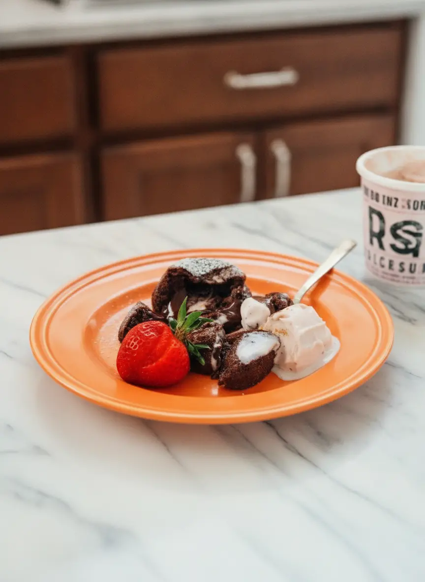 A technique shot showing chocolate batter being poured into two small white ceramic ramekins, the ramekins are sitting on a marble surface next to a wooden spoon, soft shadows and clean presentation, 3:4 aspect ratio.