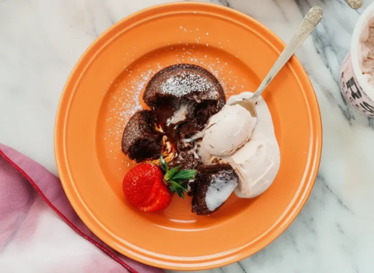 A hero shot of a Mini Lava Cake for Two on a white scalloped ceramic plate, the cake is broken open with thick chocolate lava flowing out, dusted with powdered sugar, a scoop of pale pink strawberry ice cream on the side, a whole fresh red strawberry with green leaves, vintage silver spoon resting on the plate, marble countertop background, soft morning light from the side, warm tones, 4:3 aspect ratio.