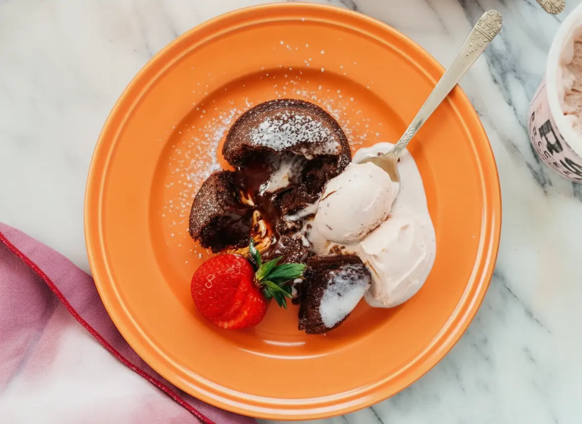 A hero shot of a Mini Lava Cake for Two on a white scalloped ceramic plate, the cake is broken open with thick chocolate lava flowing out, dusted with powdered sugar, a scoop of pale pink strawberry ice cream on the side, a whole fresh red strawberry with green leaves, vintage silver spoon resting on the plate, marble countertop background, soft morning light from the side, warm tones, 4:3 aspect ratio.