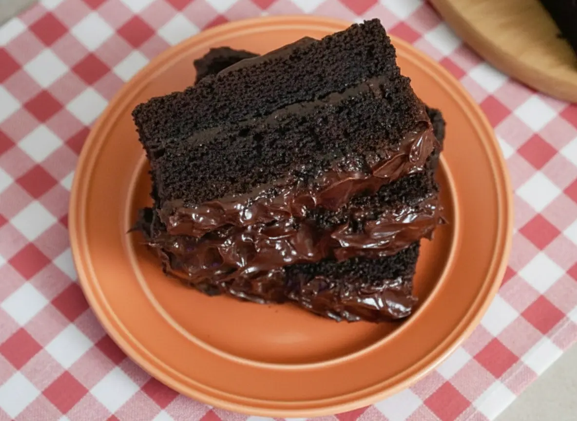 A stack of three thick, dense slices of moist chocolate banana cake on a minimalist white plate, set on a marble countertop with soft morning light from an east window. The cake slices have a rich, dark fudgy crumb and are topped with thick, glossy chocolate frosting showing beautiful swoops and peaks. The background features a rustic wood cutting board and soft shadows, capturing a warm, inviting kitchen scene.