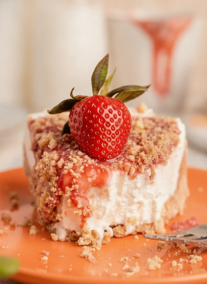 Ingredients for No Bake Strawberry Crunch Cheesecake arranged on a marble countertop. A wooden bowl filled with golden sandwich cookies, a pile of bright red freeze-dried strawberries, and two blocks of cream cheese in their foil wrapping. Natural morning light creates soft shadows. 3:4 ratio.