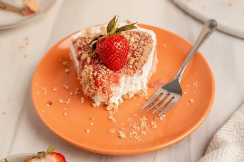 A hero shot of a slice of No Bake Strawberry Crunch Cheesecake on a minimalist white ceramic plate. The cheesecake has a thick golden cookie crust, a brilliant white creamy center, a red strawberry jam swirl, and is covered in a pink and tan strawberry crumble. A whole fresh strawberry with green leaves sits on top. The plate is on a white marble countertop with soft morning light from an east window. A wooden cutting board and fresh herbs are blurred in the background. 4:3 ratio.