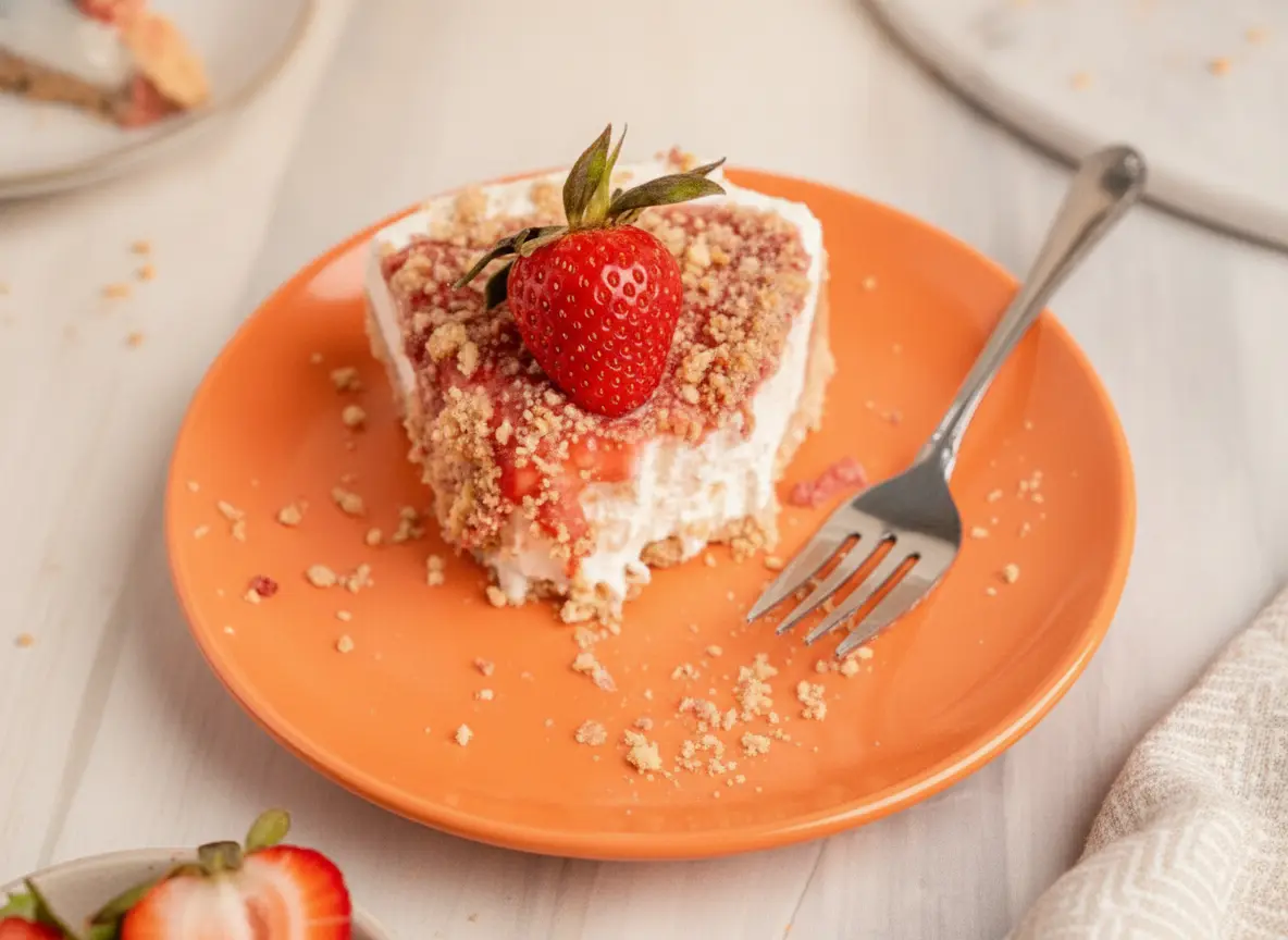 A hero shot of a slice of No Bake Strawberry Crunch Cheesecake on a minimalist white ceramic plate. The cheesecake has a thick golden cookie crust, a brilliant white creamy center, a red strawberry jam swirl, and is covered in a pink and tan strawberry crumble. A whole fresh strawberry with green leaves sits on top. The plate is on a white marble countertop with soft morning light from an east window. A wooden cutting board and fresh herbs are blurred in the background. 4:3 ratio.