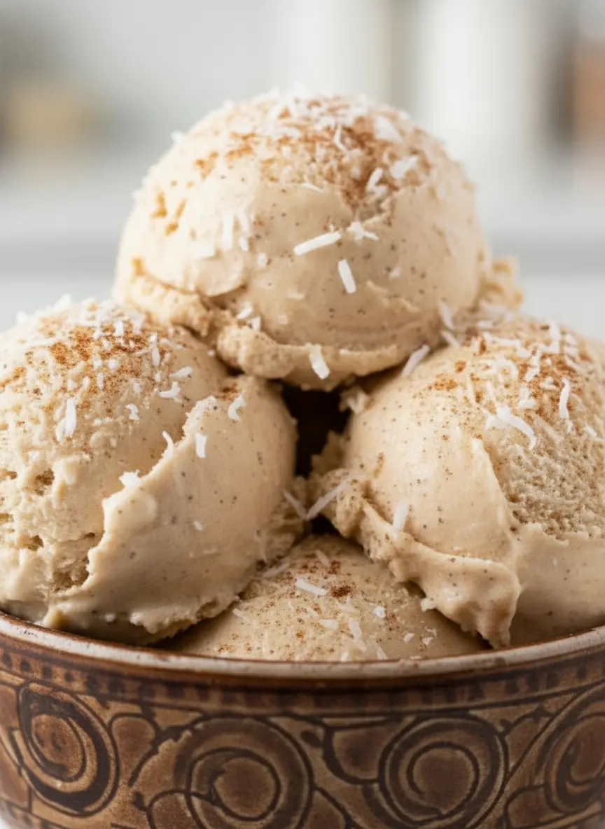 A vertical 3:4 shot on a marble surface showing the ingredients for No-Churn Coquito Ice Cream. A can of coconut milk, a bowl of white condensed milk, whole cinnamon sticks, and a small jar of nutmeg are arranged neatly next to a wooden cutting board. Fresh green herbs are visible in the background under soft, natural light.
