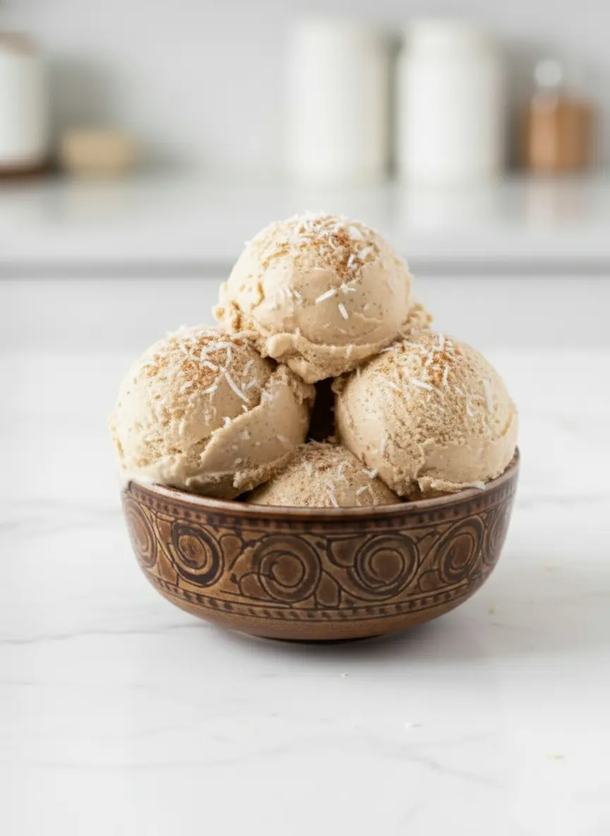 A 3:4 process shot on a marble counter. A large white ceramic bowl contains thick, white whipped cream with soft peaks. Next to it, a smaller bowl holds a creamy beige mixture of coconut and spices. A wooden spatula rests on the edge of the bowl, emphasizing the folding technique used for No-Churn Coquito Ice Cream. No hands are visible.