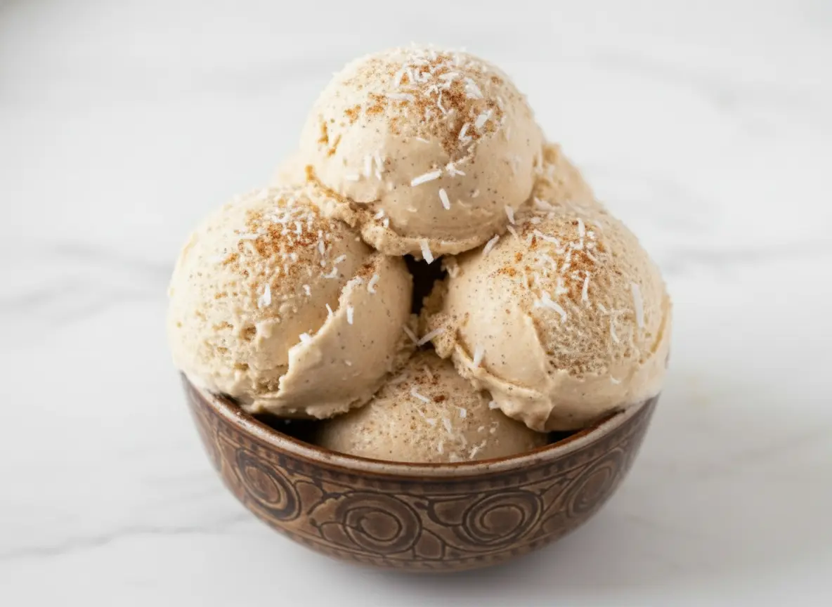 A wide 4:3 shot on a marble countertop in bright morning light. A brown ceramic bowl with a carved spiral pattern sits on a weathered wooden cutting board. Inside the bowl are three generous, textured scoops of beige No-Churn Coquito Ice Cream, showing a creamy, slightly granular texture. In the soft-focus background, a whole brown coconut and lush green leaves are visible near a clean white wall. Soft shadows and warm tones create a cozy, lived-in kitchen atmosphere.