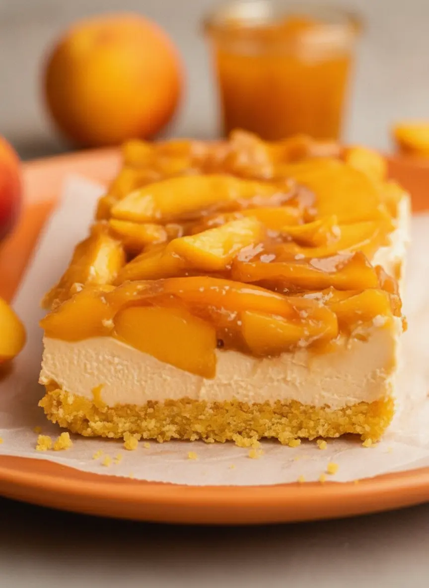 A top-down shot of the ingredients for Peach Cheesecake (No Bake and Vegan) arranged on a marble surface. There are ceramic bowls containing golden cracker crumbs, white soaked cashews, a small dish of melted butter, and a bowl of fresh, fuzzy whole peaches. A sprig of fresh mint sits nearby. Soft shadows and warm tones. 3:4 aspect ratio.